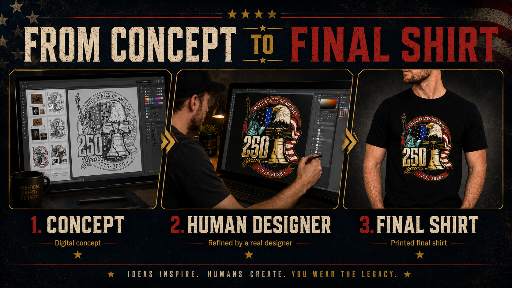 From concept to final shirt — our 3-step process: digital concept, refined by a real designer, printed final shirt.
